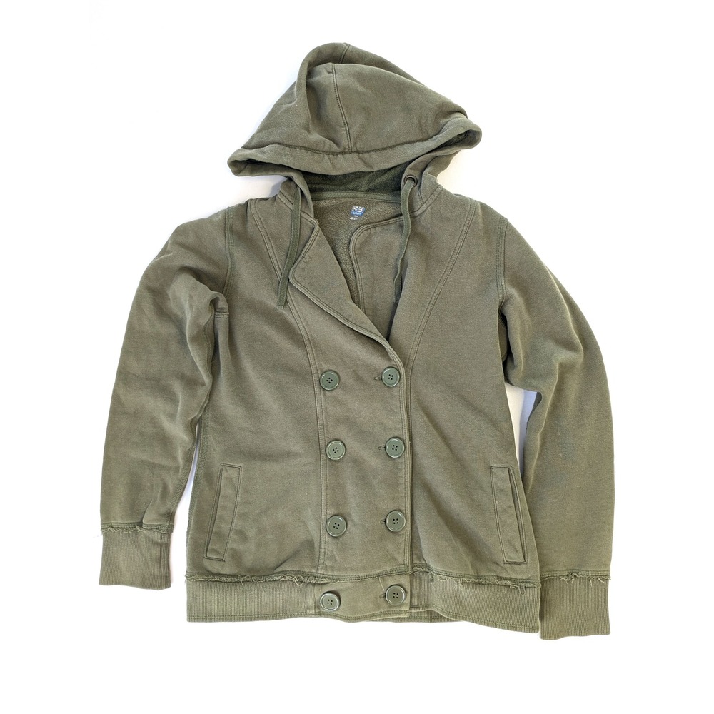 SB Active Womens Olive Green Double Breasted Button Hoodie Pea Coat Jacket Small